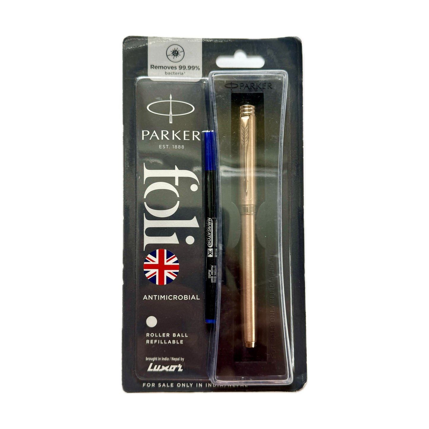 Parker Folio Stainless Steel Chrome Trim Ball Pen with 1 Blue Refill. Copper | Fine Point | Blue Ink | Refillable ink cartridge
