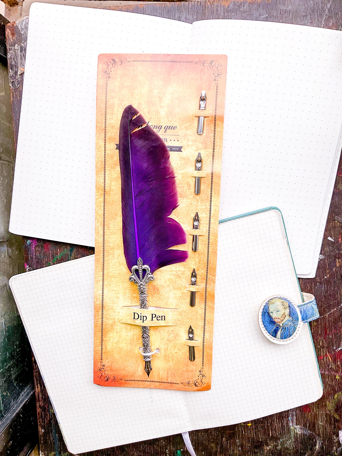 MG-265C-2 | Vintage-Style Purple Silver Feather Dip Pen | Five Replacement Metals Nibs