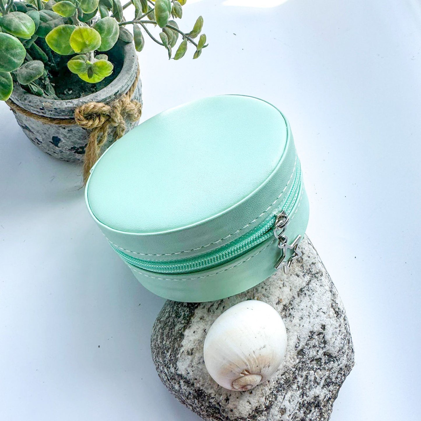 Mini Jewellery Organizer Box For Women Travel Ring, Pendant, Earring, Necklace Storage Case 4X4 Inch Sea green Round