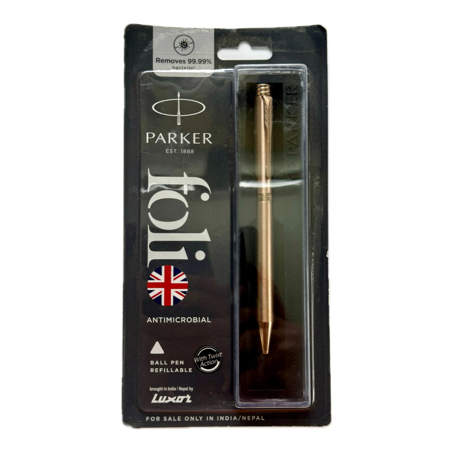 Parker Folio Stainless Steel Chrome Trim Ball Pen with 1 Blue Refill. Copper | Fine Point | Blue Ink | Refillable