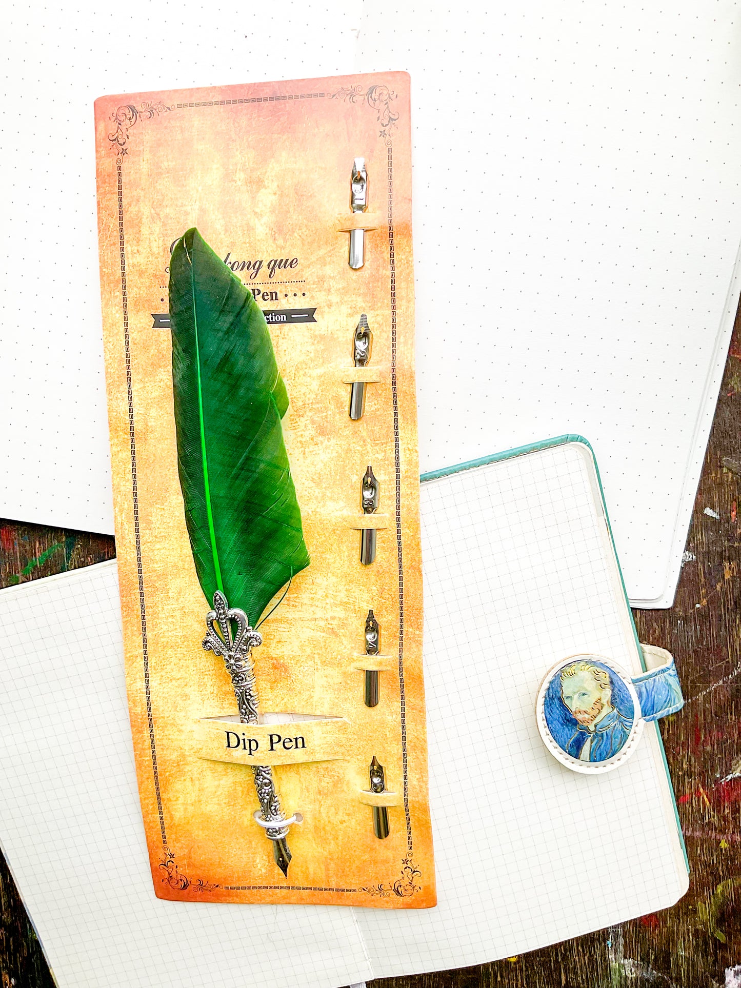 MG-265C-3 | Vintage-Style Light Green Silver Feather Dip Pen | Five Replacement Metals Nibs