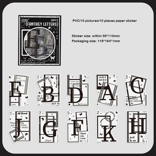 AYHY606 - sticker pack Dark Elegant Flower Rhythm series creative retro ins handbook material stickers DIY 10 pieces| Alphabet Letter Retro Flim Strip Black & White Sticker