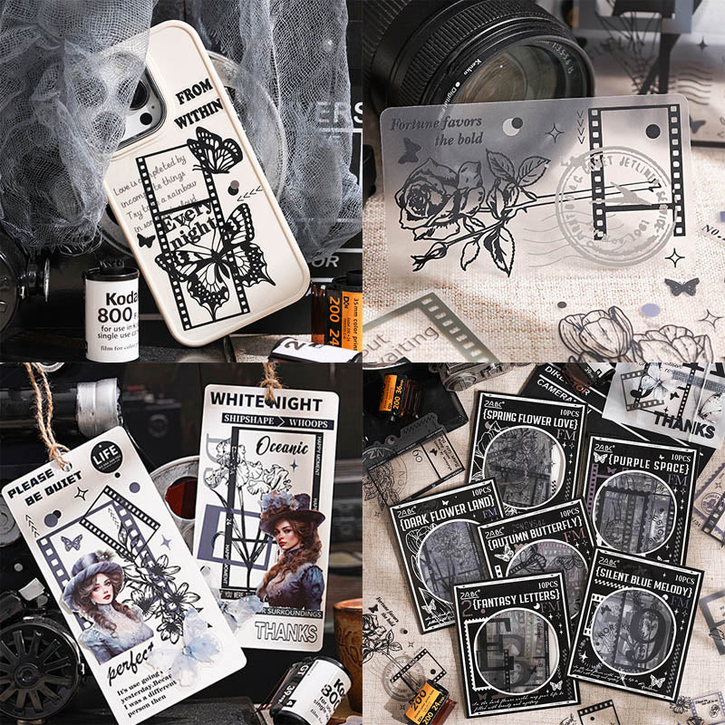 AYHY606 - sticker pack Dark Elegant Flower Rhythm series creative retro ins handbook material stickers DIY 10 pieces| Alphabet Letter Retro Flim Strip Black & White Sticker