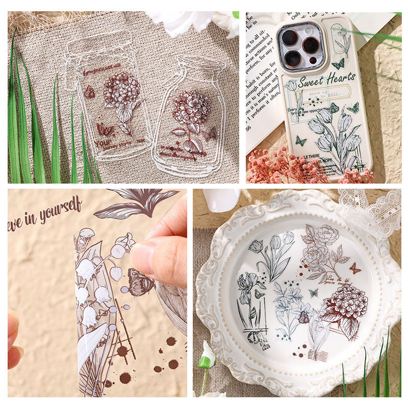 HYSX603 - Cross-border ZABCpet sticker flower poem heart series creative retro film cutting hand account material sticker 3 into