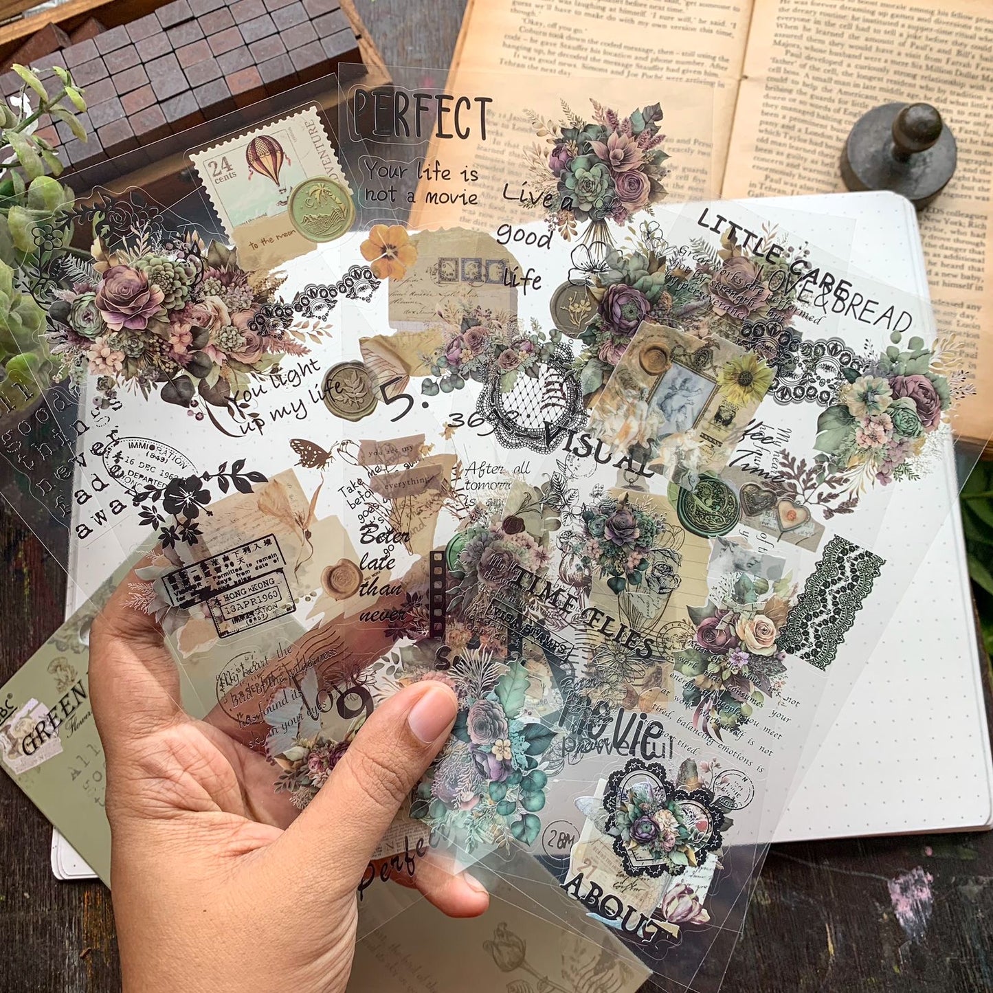 DS-THF-2-GW(KQ) | PET Journal Paper Sticker Green wild flower | 6 sheets | 95*180mm |