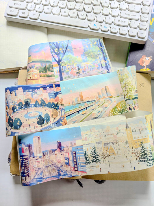 QQJG-202 | Dreamy City Scenery washi tapes | The Tape Rolls Feature Aesthetic Landscape Designs Including A Iighthouse And Urban Scenes | 1pcs Roll