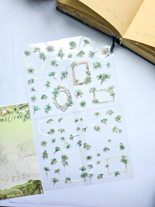KJHY-605 | Selene Green | PET | Watercolour Flower Aesthetic Sticker | 100* 150mm