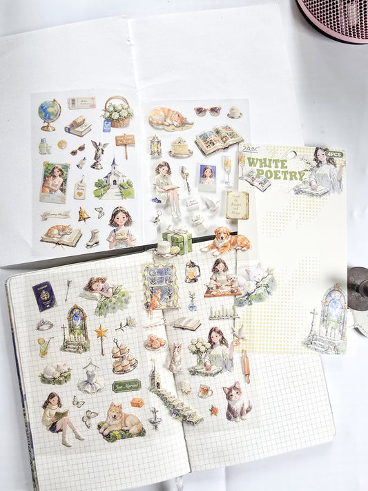 MQQL-605 | White Poetry Girls Aesthetic PET Sticker | 4pcs Sticker | 100*150mm