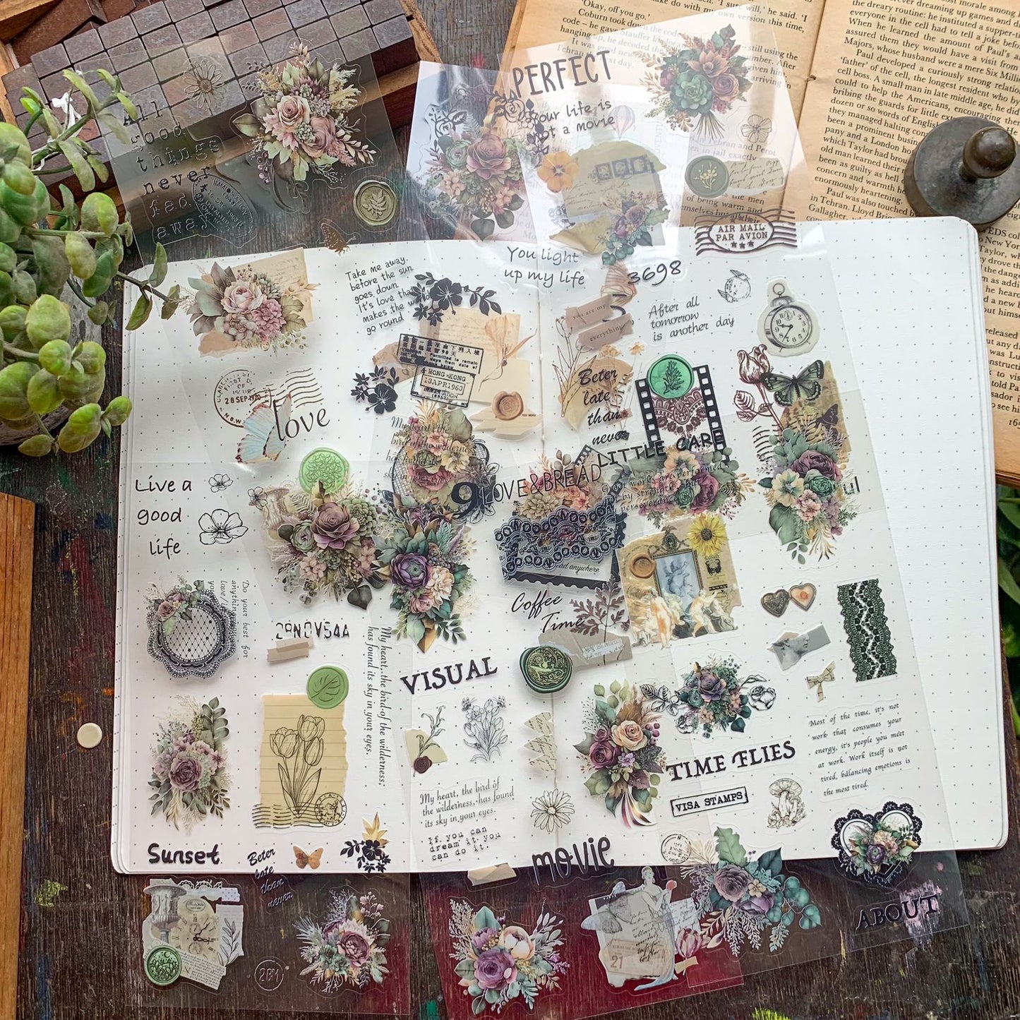 DS-THF-2-GW(KQ) | PET  Journal Paper Sticker Green wild flower | 6 sheets | 95*180mm |
