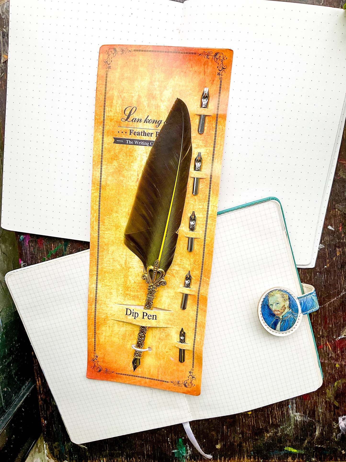 MG-265D-1 | Vintage-Style Yellow Gold Feather Dip Pen |  Five Replacement Metals Nibs