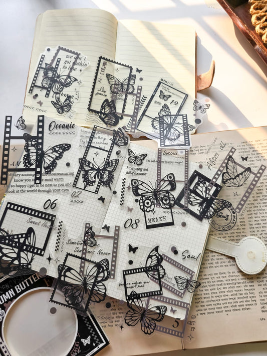 AYHY603 - sticker pack Dark Elegant Flower Rhythm series creative retro ins handbook material stickers DIY 10 pieces| Butterfly Retro Flim Strip Black & White Sticker
