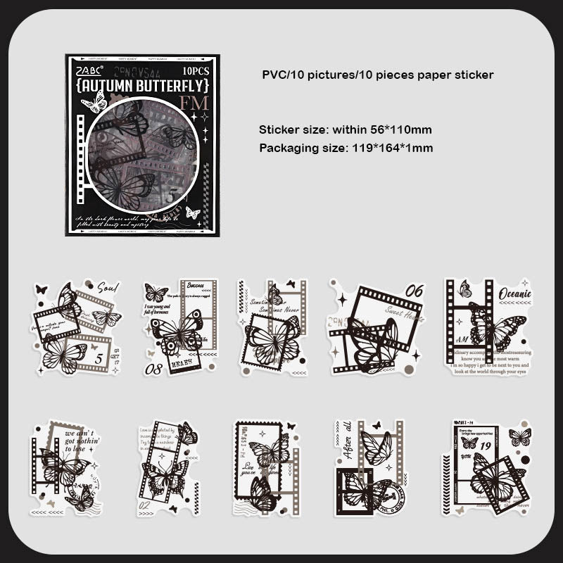 AYHY603 - sticker pack Dark Elegant Flower Rhythm series creative retro ins handbook material stickers DIY 10 pieces| Butterfly Retro Flim Strip Black & White Sticker