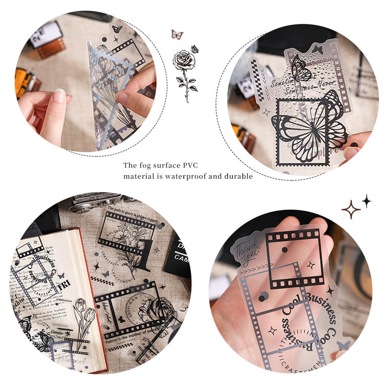 AYHY603 - sticker pack Dark Elegant Flower Rhythm series creative retro ins handbook material stickers DIY 10 pieces| Butterfly Retro Flim Strip Black & White Sticker