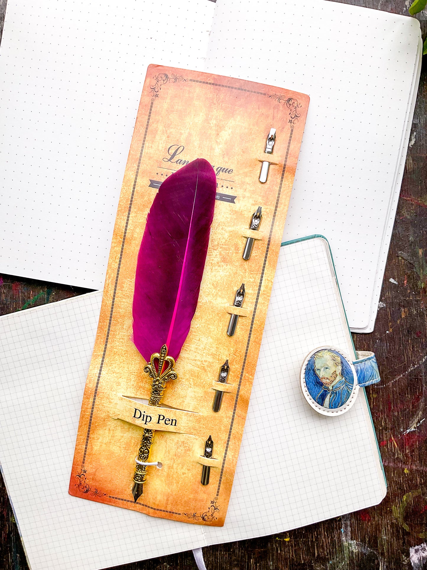 MG-265D-3 | vintage-style Purple  Gold feather dip pen |  Five Replacement Metals Nibs