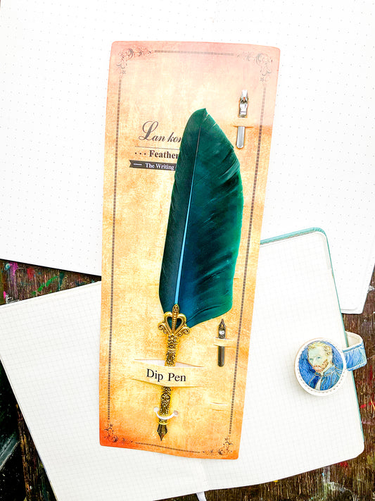 MG-265D-4 | Vintage-Style Green Gold Feather Dip Pen |  Five Replacement Metals Nibs