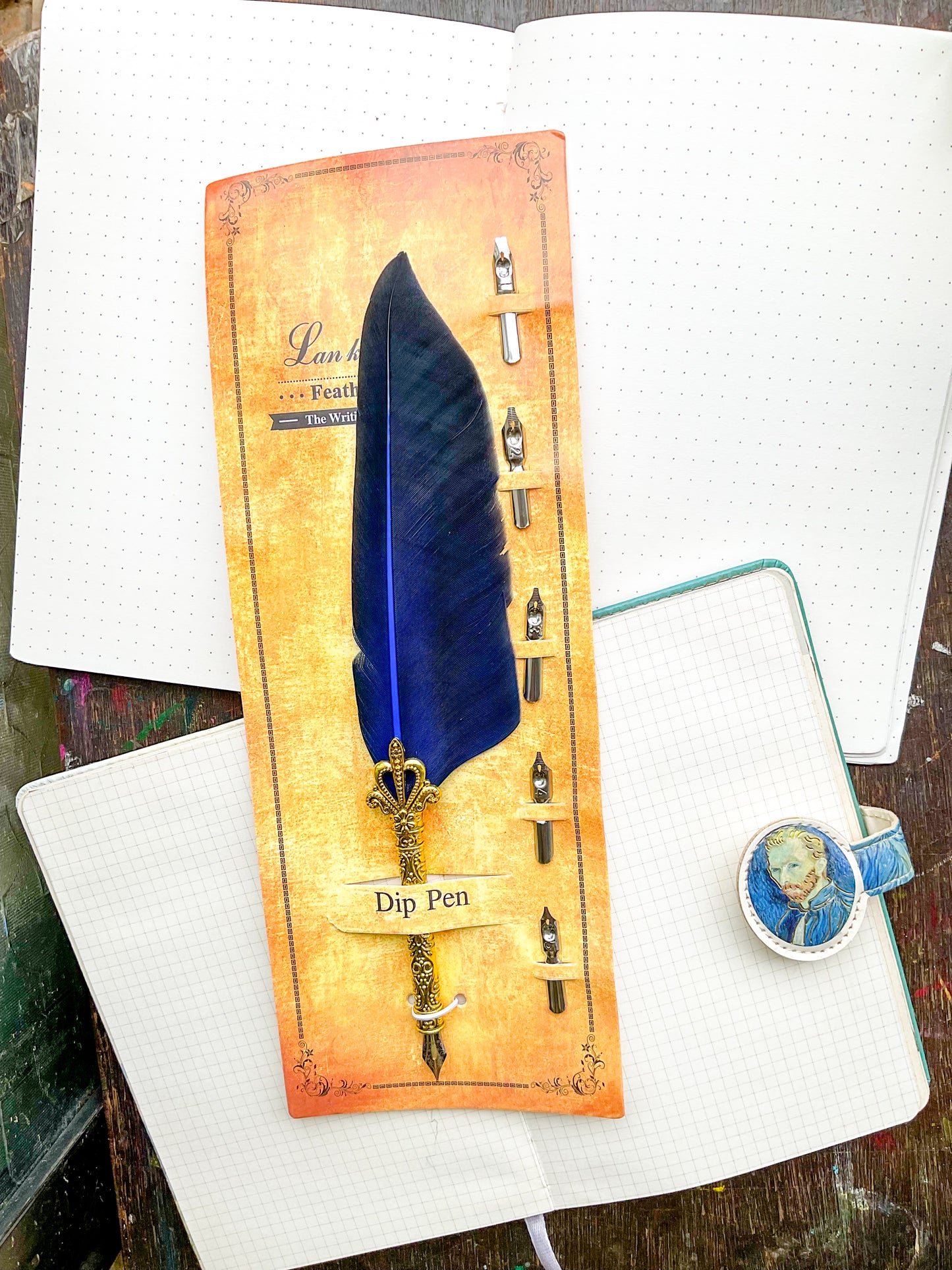 MG-265D-6 | Vintage-Style Blue Gold Feather Dip Pen |  Five Replacement Metals Nibs