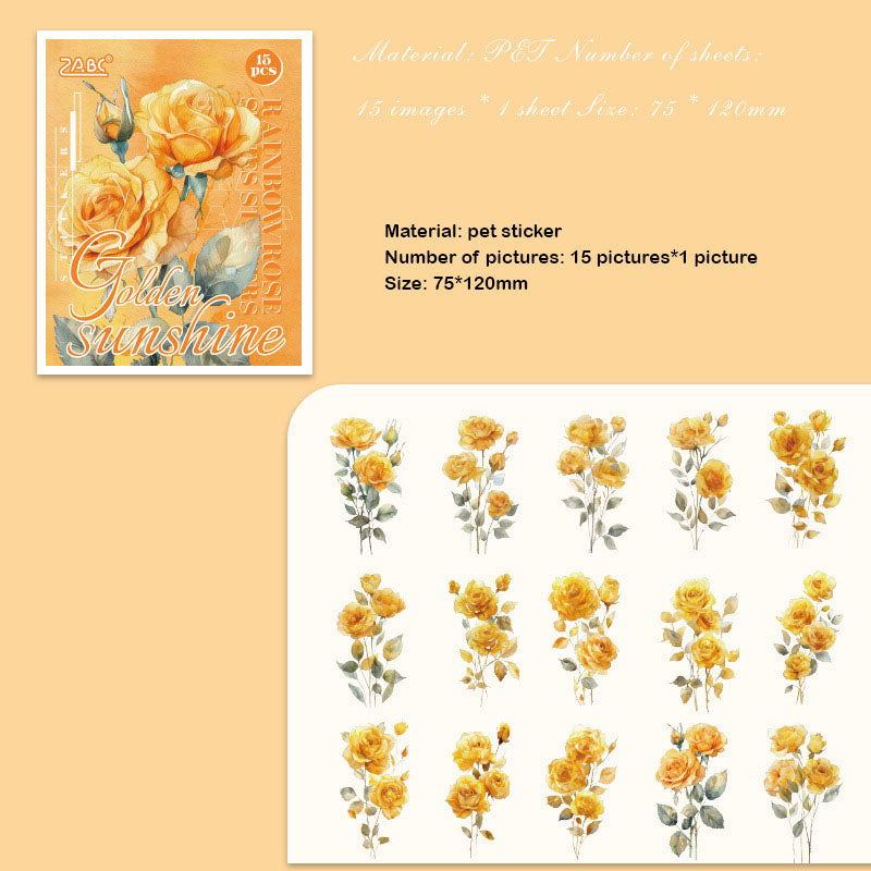 HCMG604|G-1| - sticker pack rainbow rose series of flowers waterproof pet hand account material sticker 15 into (Yellow)