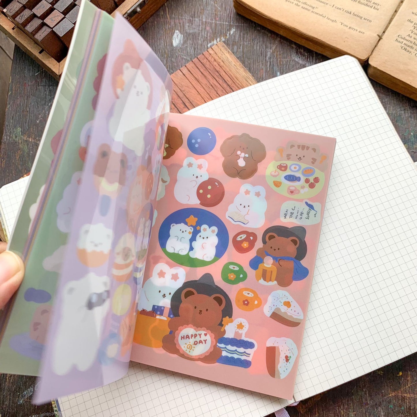 KQ-0067-DF - Kawaii Decorative Sticker Book | Paper & PET Stickers | 15 Paper & 15 PET Stickers Sheets | 30 Sheets | 15x13 CM | Dream Forest