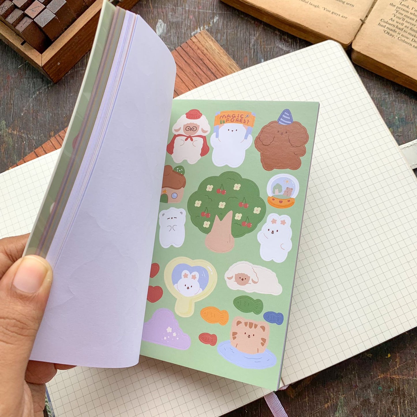 KQ-0067-DF - Kawaii Decorative Sticker Book | Paper & PET Stickers | 15 Paper & 15 PET Stickers Sheets | 30 Sheets | 15x13 CM | Dream Forest