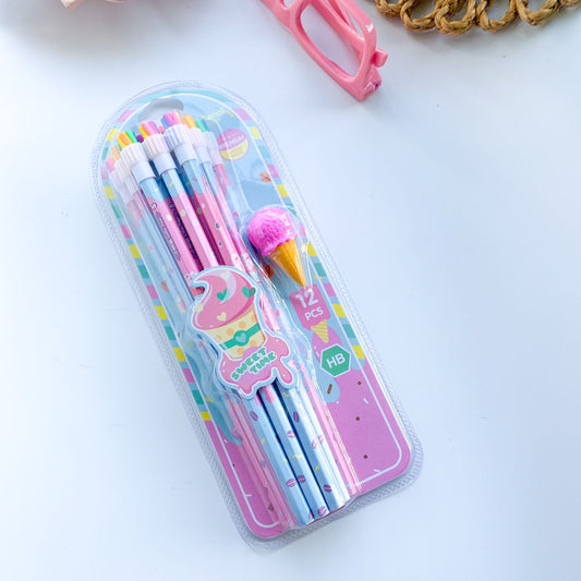 Cute Pencil Set | 12 Pcs HB Pencil | 1 Eraser | Pink Blue Theme