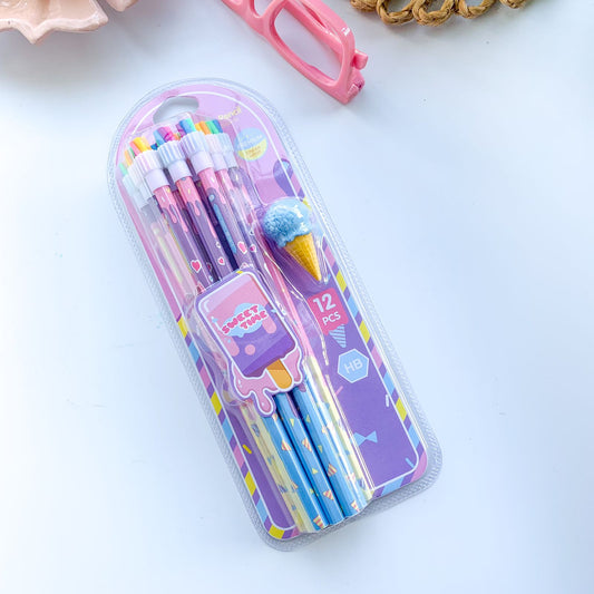 Cute Pencil Set | 12 Pcs HB Pencil | 1 Eraser | Purple Theme