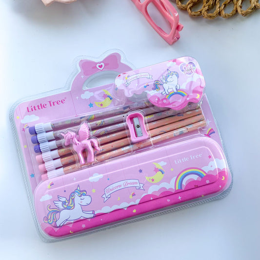 Cute Unicorn Theme Metal Pencil Box Set | 1 Double Decker Metal Pencil Box | 6 pcs HB Pencils | 1 Eraser | 1 Sharpener | Pink Theme