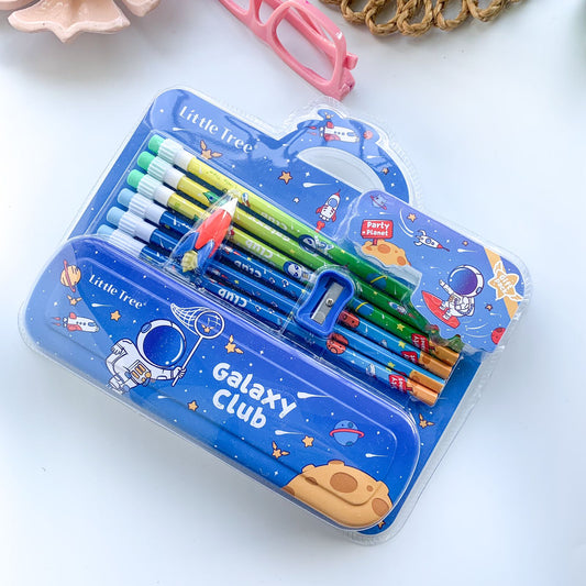 Cute Astronaut Theme Metal Pencil Box Set | 1 Double Decker Metal Pencil Box | 6 pcs HB Pencils | 1 Eraser | 1 Sharpener | Blue Theme