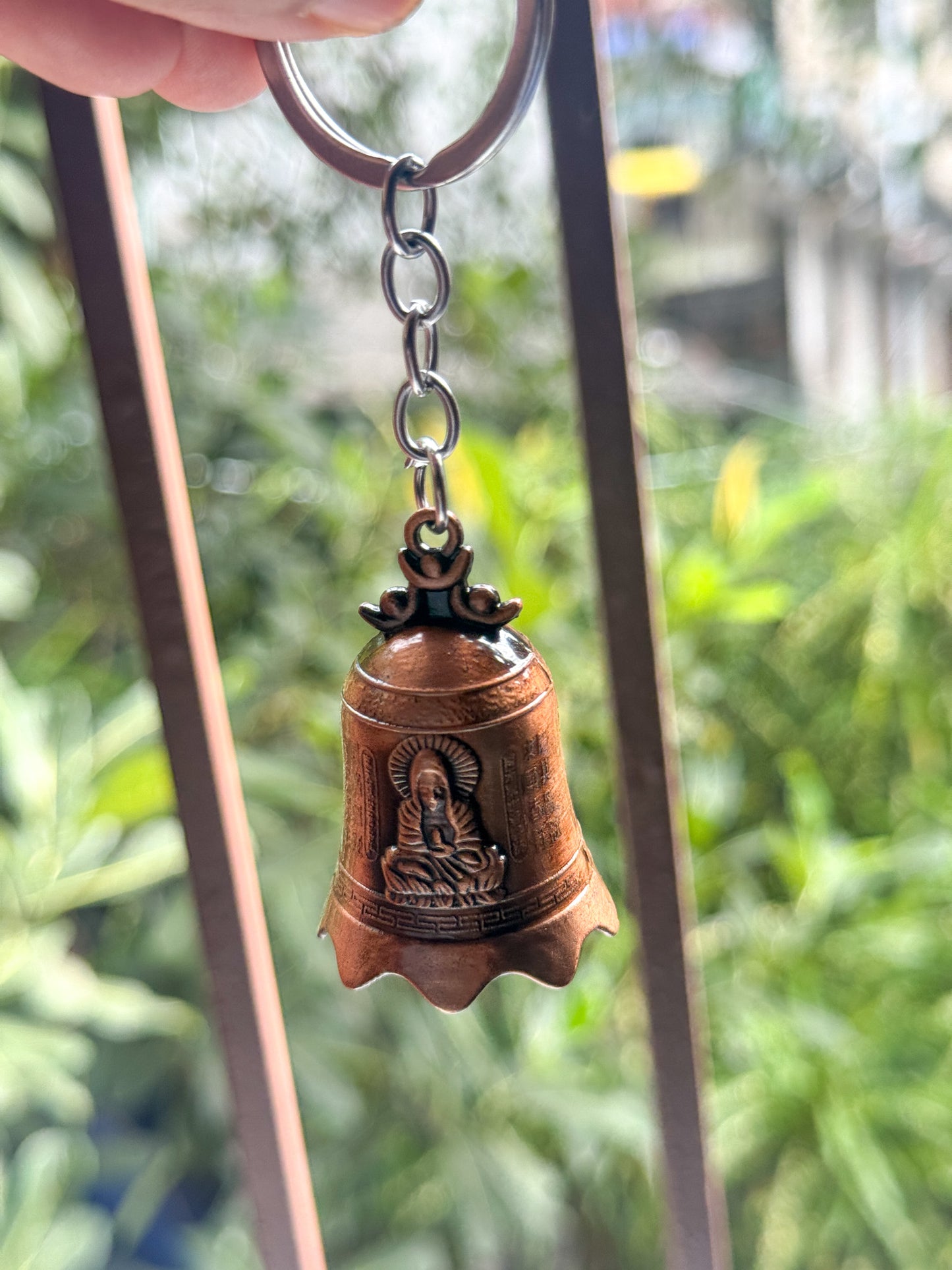 Antique Buddha Guardian Bell || Keychain | Vintage Bike or Car Pendant Key Ring | Spiritual Lucy Charm | Brown & Silver &  Gold |