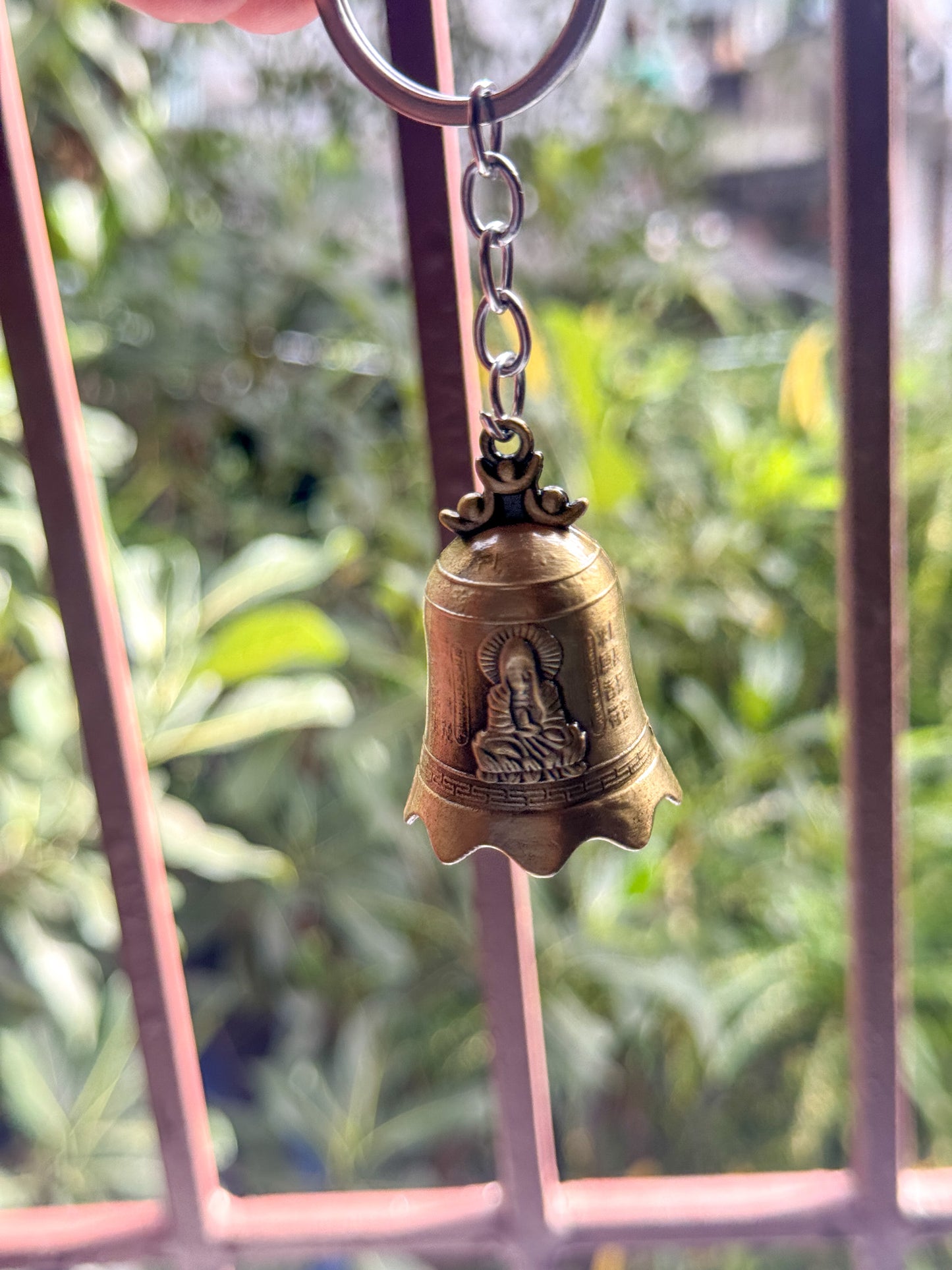 Antique Buddha Guardian Bell || Keychain | Vintage Bike or Car Pendant Key Ring | Spiritual Lucy Charm | Brown & Silver &  Gold |