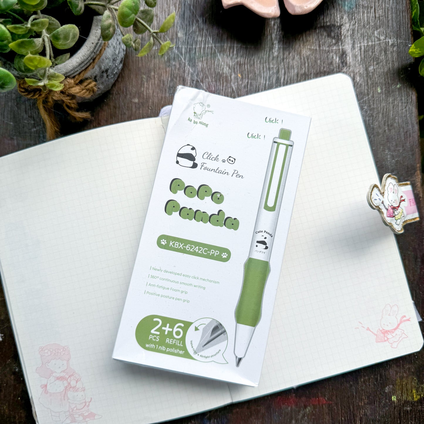 KBX6242cc | Pinteresty Click Fountain pen 2 pen set Green Panda  | Blue Ink | Refillable 6 free cartridges & 1 Nib Polish