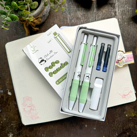 KBX6242cc | Pinteresty Click Fountain pen 2 pen set Green Panda  | Blue Ink | Refillable 6 free cartridges & 1 Nib Polish