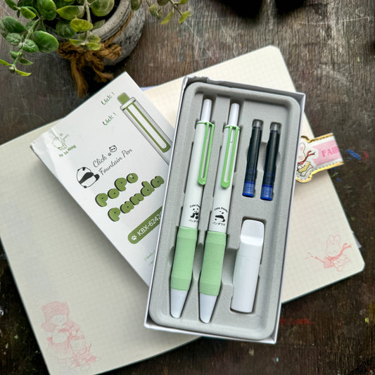 KBX6242cc | Pinteresty Click Fountain pen 2 pen set Green Panda  | Blue Ink | Refillable 6 free cartridges & 1 Nib Polish