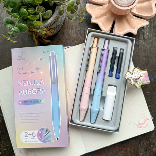 KBX6242na | Pinteresty Click Fountain pen 2 pen set Nabula Aurora | Blue Ink | Refillable 6 free cartridges & 1 Nib Polish