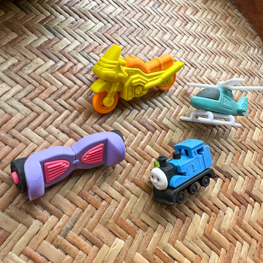 Fancy Erasers Train, Helicopter, Bike, Skateboard set of 4 | Random colour