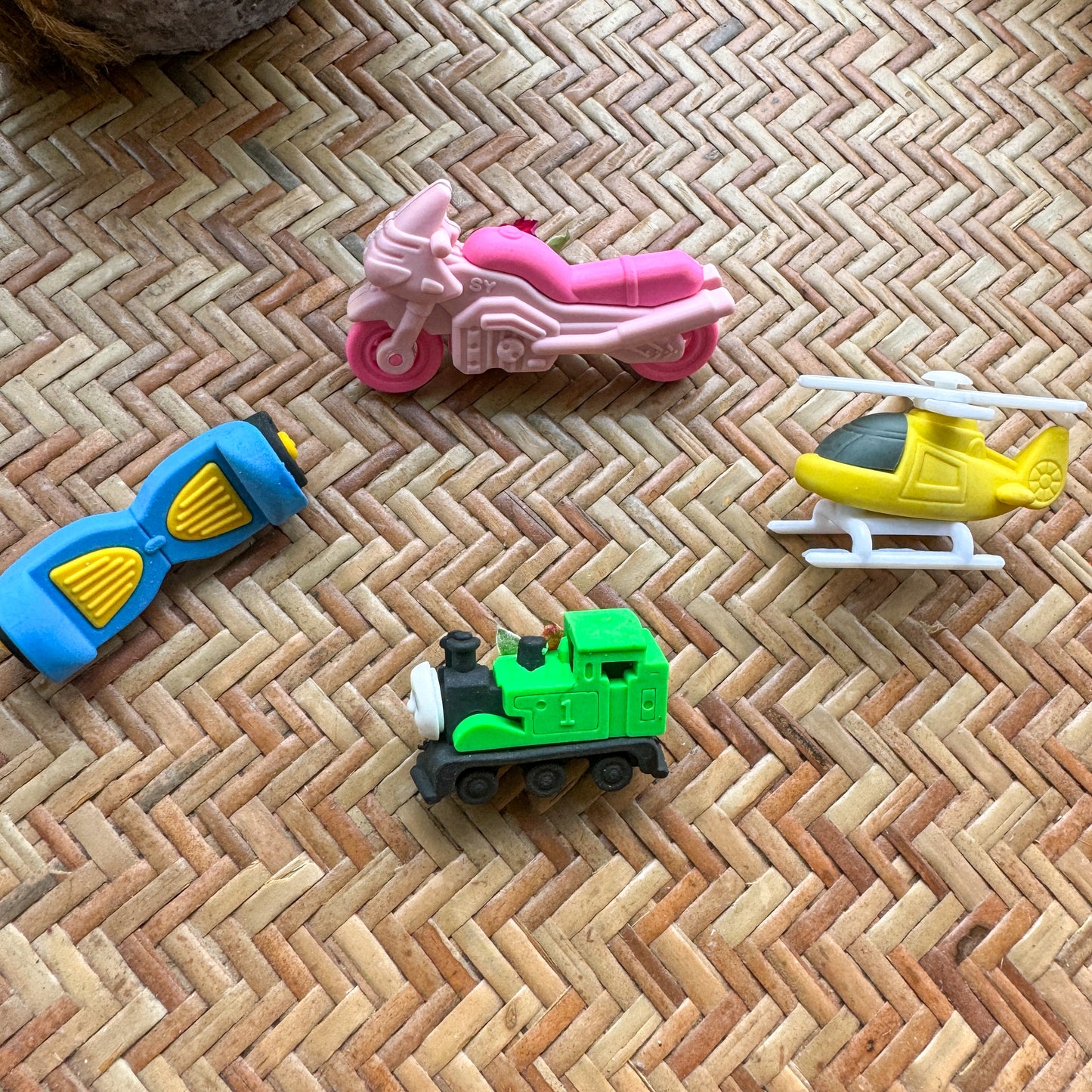 Fancy Erasers Train, Helicopter, Bike, Skateboard set of 4 | Random colour