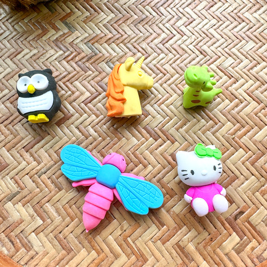 Fancy Erasers Cute Owl, unicorn, giraffe, dragonfly, happy kitty set of 5 | Random Colour