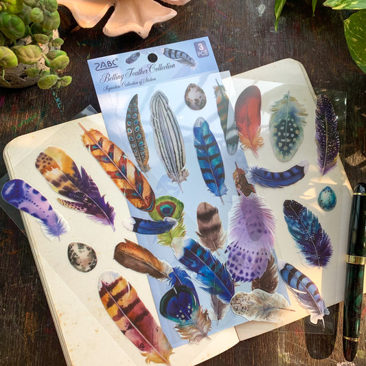 Yzwj801  |G10|  | Feathers Transparent Pet Sticker | Vintage | Set of 3 Sticker Sheet | Pre Cut Stickers | Kiss Cut Stickers