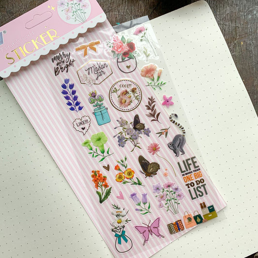 Wxfs|G-2| 5 Journal Transparent Wild Flower Foil Stickers - Pet Sticker - 1 sheet | Pre-cut | Kiss-cut