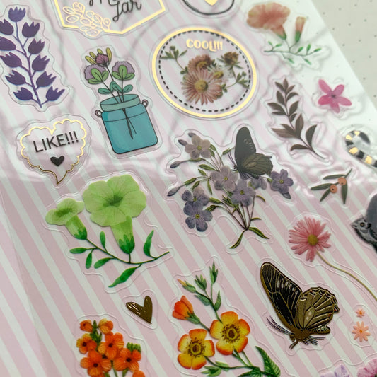 Wxfs|G-2| 5 Journal Transparent Wild Flower Foil Stickers - Pet Sticker - 1 sheet | Pre-cut | Kiss-cut