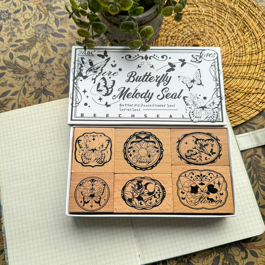 DWHY201 - seal butterfly flower print series retro beech wooden seal hand account decoration tools 6 pieces into