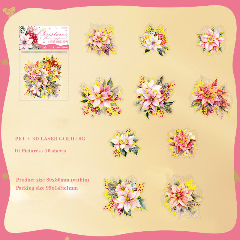 MHD-SDHQ001-|G3|Nice day PET sticker pack Christmas flower season series Christmas flower hot stamping handbook material 10 sheets 6 types