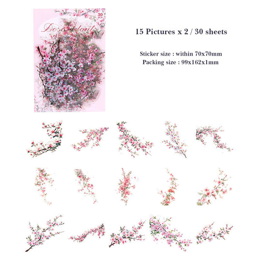 MZW23-TZ273-Dream Dance Sticker Pack Jade Leaves Series Plants and Flowers Handbook DIY Material Decoration Stickers 30 Sheets 6 Types