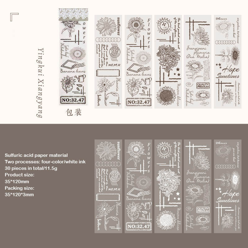 NNHY806 -|G4| sticker this murmur flower series creative retro sulphuric acid paper white ink hand account material 30 sheets into