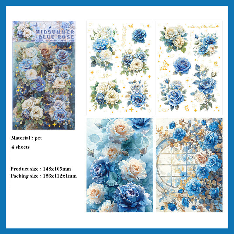 QWHK601|G-10| - stickers rose blossom series special oil hot stamping film cutting handbook waterproof pet stickers| Blue