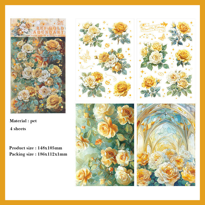 QWHK605 - stickers rose blossom series special oil hot stamping film cutting handbook waterproof pet stickers|Yellow