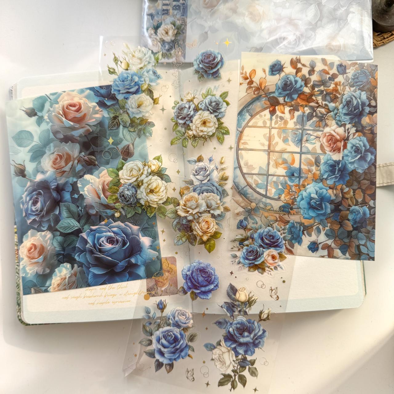 QWHK601|G-10| - stickers rose blossom series special oil hot stamping film cutting handbook waterproof pet stickers| Blue