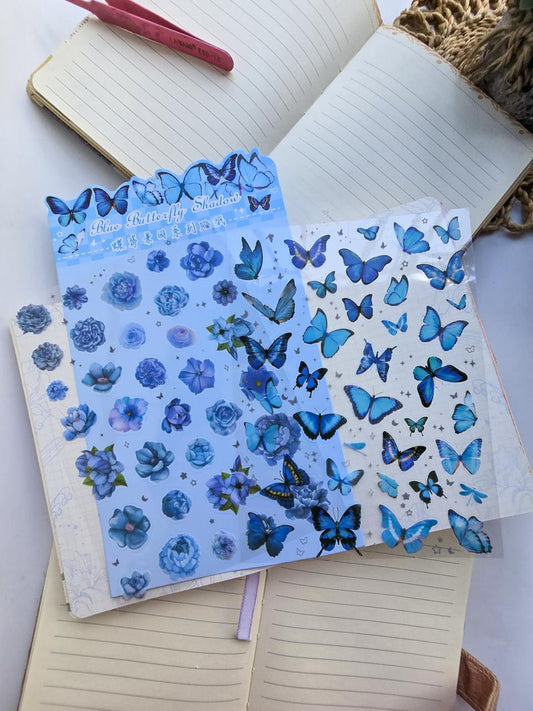 DYJY-401 Butterfly Floral PET Sticker Sheets | Blue Butterfly Collection  | 2 Sheets
