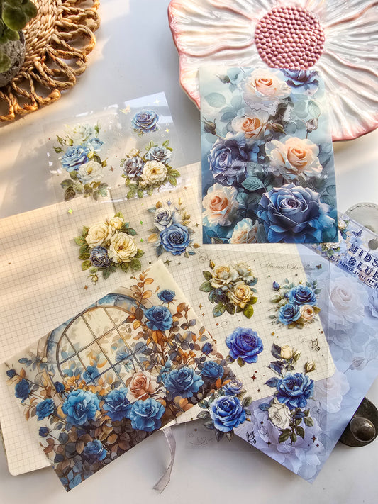 QWHK601|G-10| - stickers rose blossom series special oil hot stamping film cutting handbook waterproof pet stickers| Blue