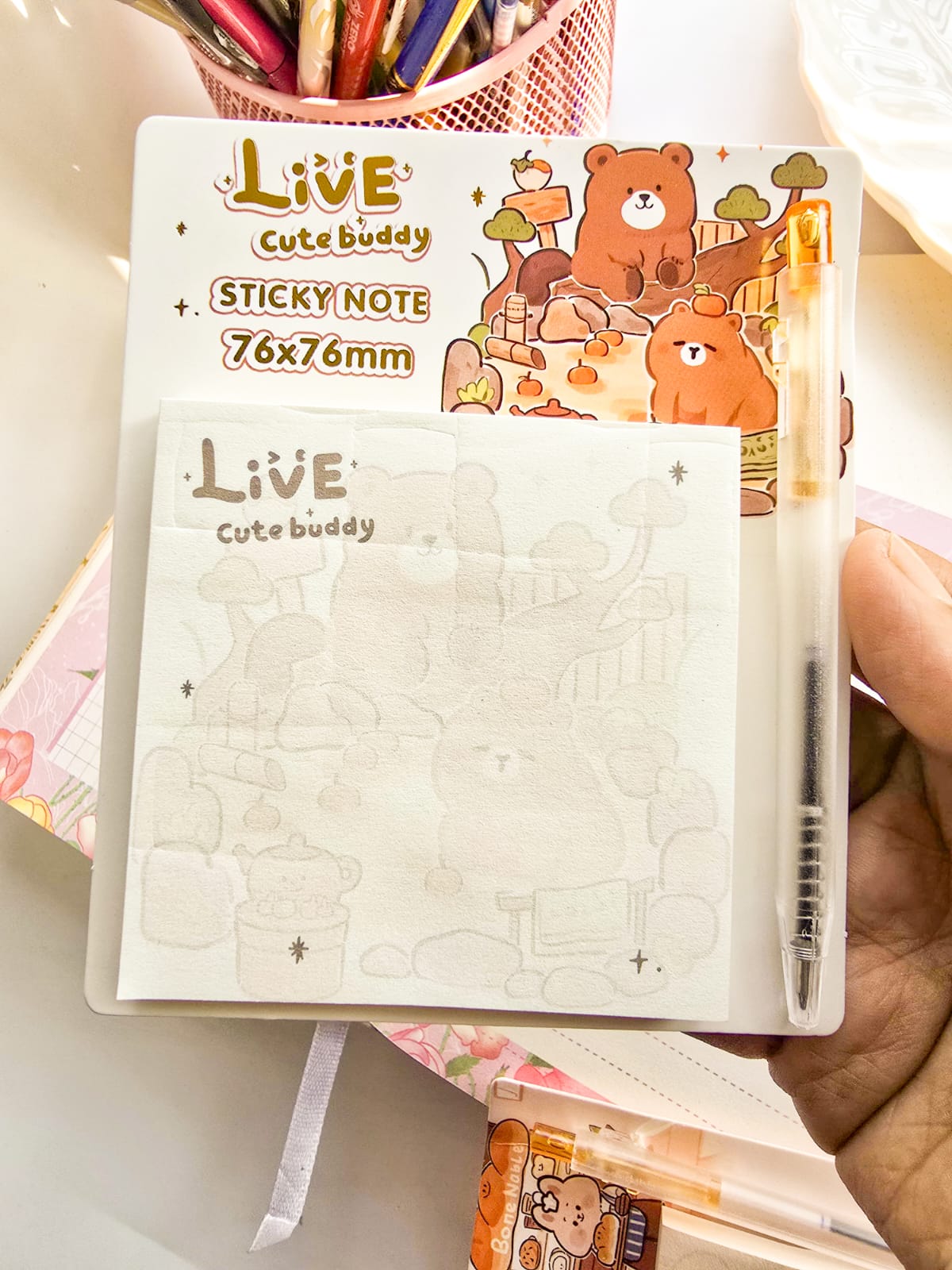 A02-15 | Cute Bear Sticky Notes Pad With Pen | 76×76mm | 1pc Random