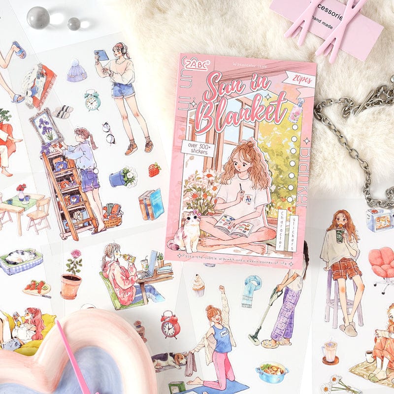 ZZPF2.0-401 | Sun in Blanket watercolor style cartoon girl PET Stickers Book |  including a 20-sheet collection book with over 300+ stickers for journaling and scrapbooking |